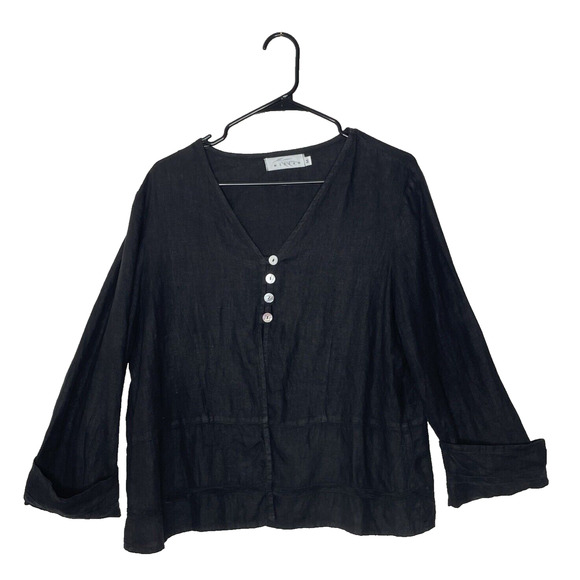 Willow Tops - VTG Willow 100% Linen Black Button Top Cardigan Size M Lagenlook Artsy Grunge